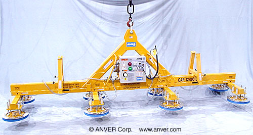 ANVER Eight Pad Electric Powered Lifter with Heavy Duty "A" Frame for Lifting & Handling Aluminum Sheet 20 ft x 8 ft (6.1 m x 2.4 m) up to 12,000 lb (5443 kg)